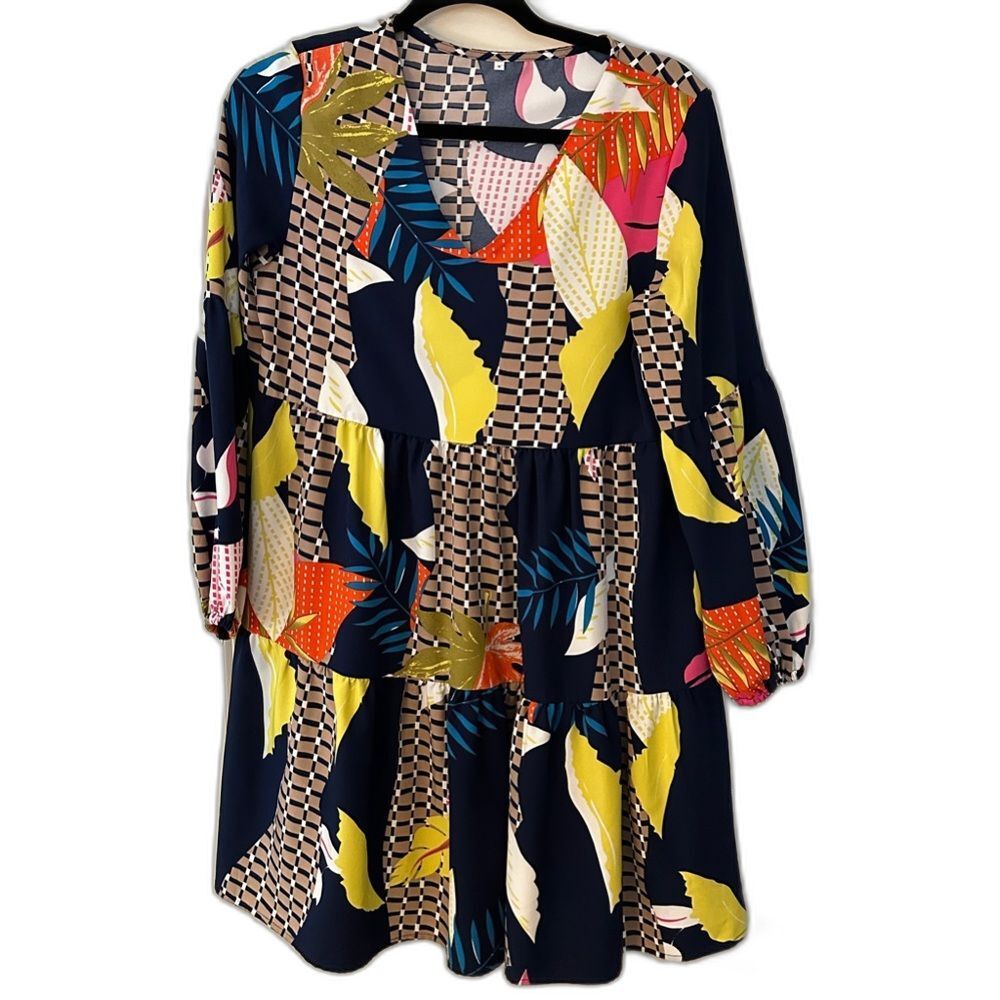 SHEIN Colorful Leaf Print Longsleeve Short Dress Women’s Sz Small
